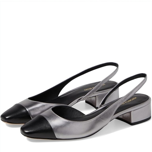 New Veronica Beard Cecile 30MM Metallic Silver/Black Leather Slingback Pump 7.5 - Picture 1 of 10